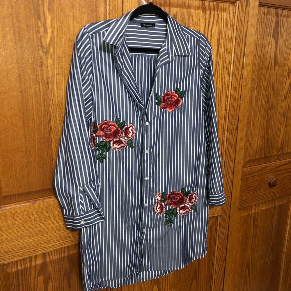 button down shirt dress with rose details